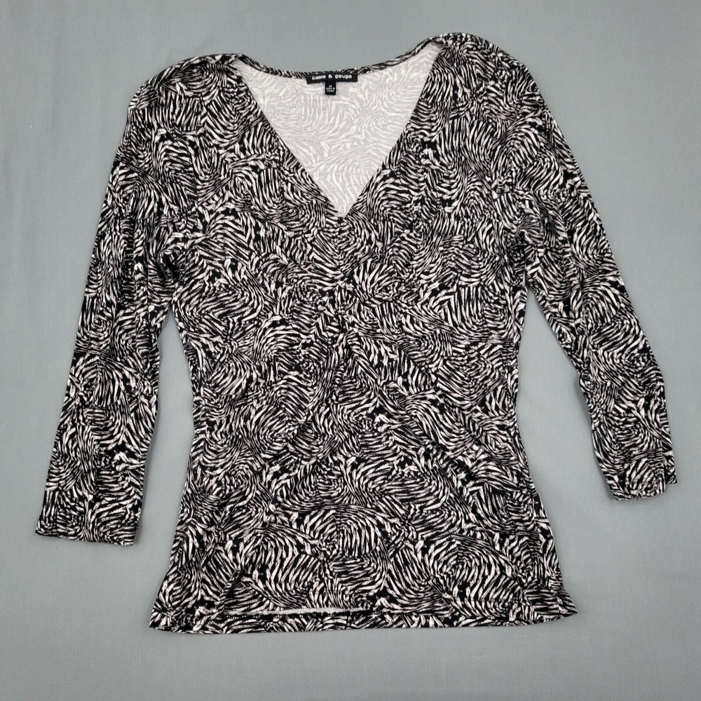 Cable & Gauge Blouse Womens Medium M 3/4 Sleeve V Neck Pullover Geometric Black